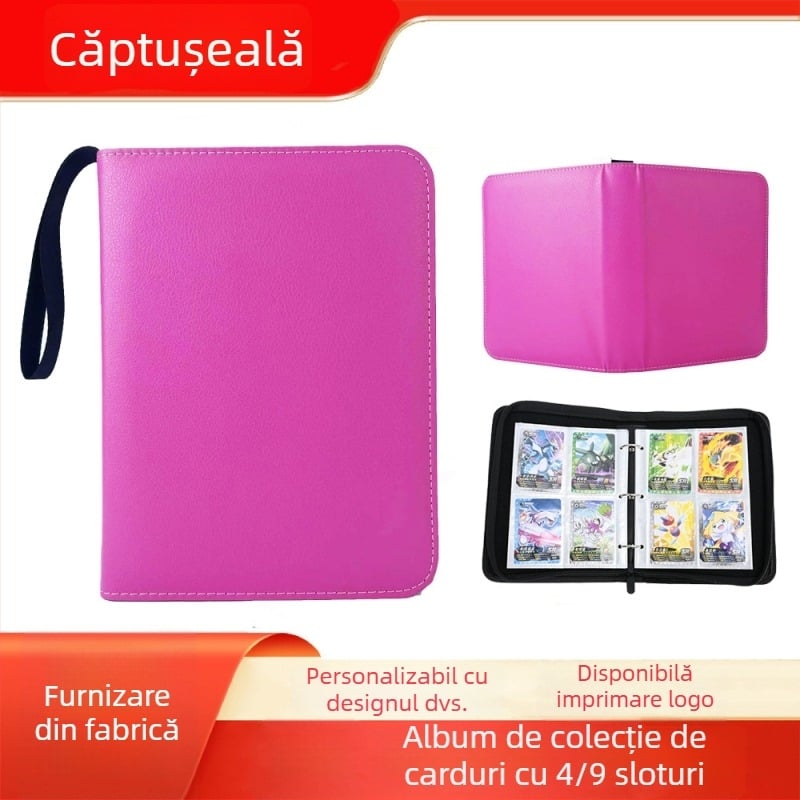 Album de carduri PU, cu fermoar, culoare solidă, cu patru compartimente