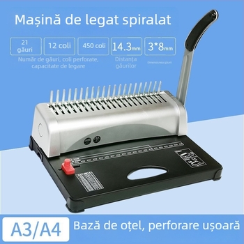 Mașină manuală de perforare și legare, tip comb, cu 21 de găuri, pentru documente A3/A4, cu clipsuri din cauciuc pentru documente financiare și oferte