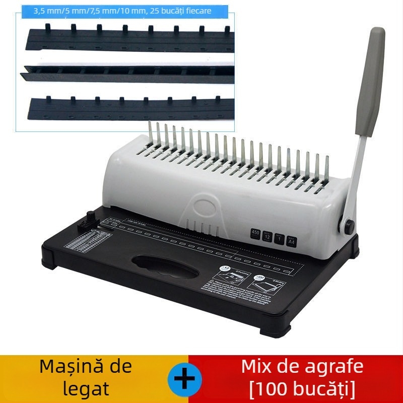 Mașină manuală de perforare și legare, tip comb, cu 21 de găuri, pentru documente A3/A4, cu clipsuri din cauciuc pentru documente financiare și oferte