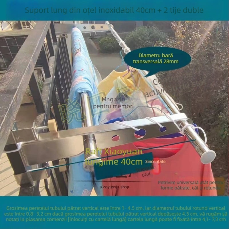 Uscător de haine pentru rama ferestrei, din oțel inoxidabil, fără găuri, plasă antifurt, pentru balustradă balcon