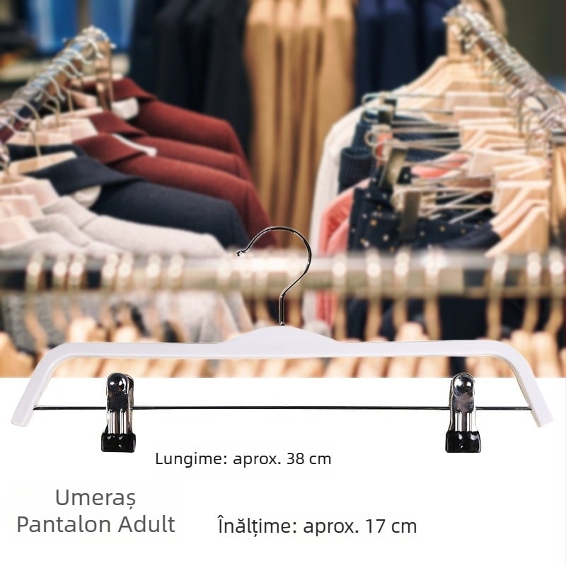 Umeraș din plastic cu umeri îngusti și bandă antiaderentă – afișaj impecabil pentru haine