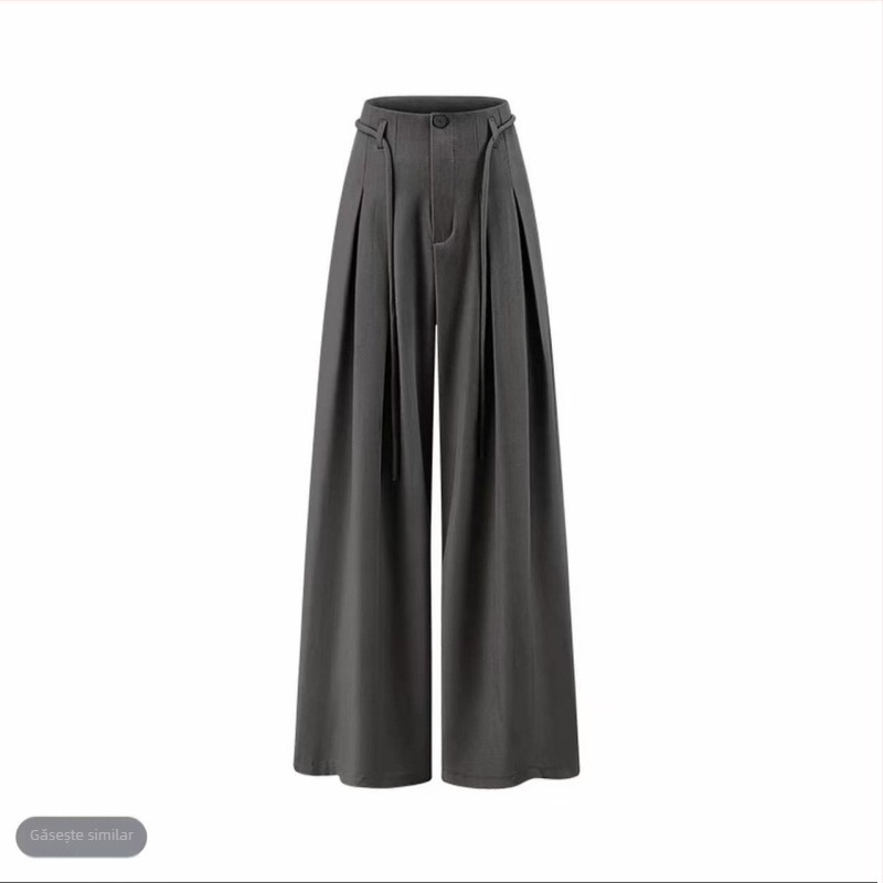 Pantaloni largi cu talie înaltă, stil coreean, cu șnur și plisuri, croială fluidă