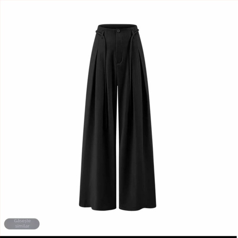 Pantaloni largi cu talie înaltă, stil coreean, cu șnur și plisuri, croială fluidă
