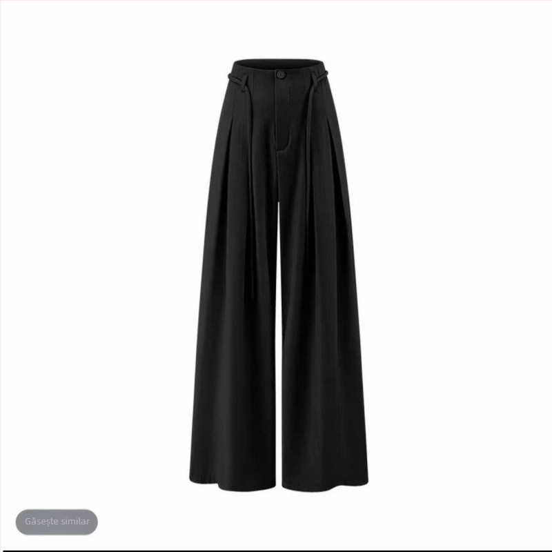 Pantaloni largi cu talie înaltă, stil coreean, cu șnur și plisuri, croială fluidă