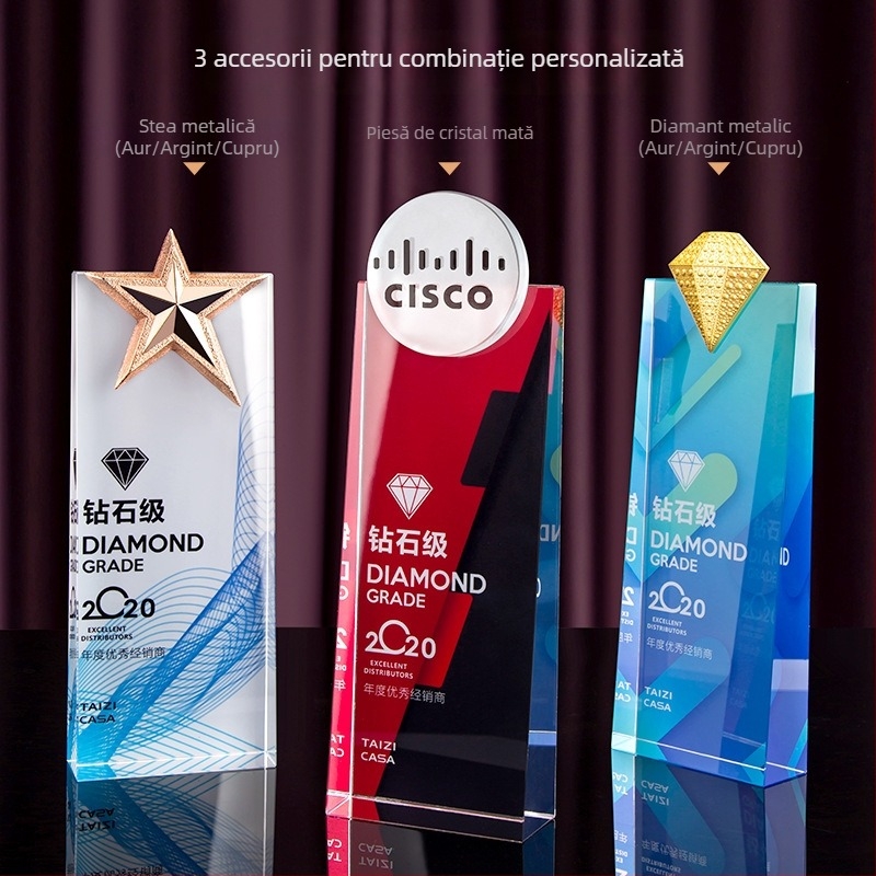 Trofeu de cristal cu medalie gravată în formă de stea cu cinci colțuri, pentru premii ale angajaților, distincții de echipă și certificate