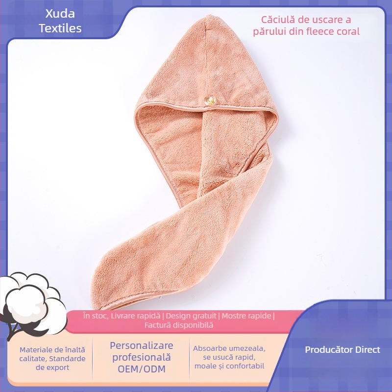 Pălărie de uscat părul din fleece coral, fibre ultra-fine, mare absorbție, uscare rapidă, îngroșată, turbă pentru uz casnic