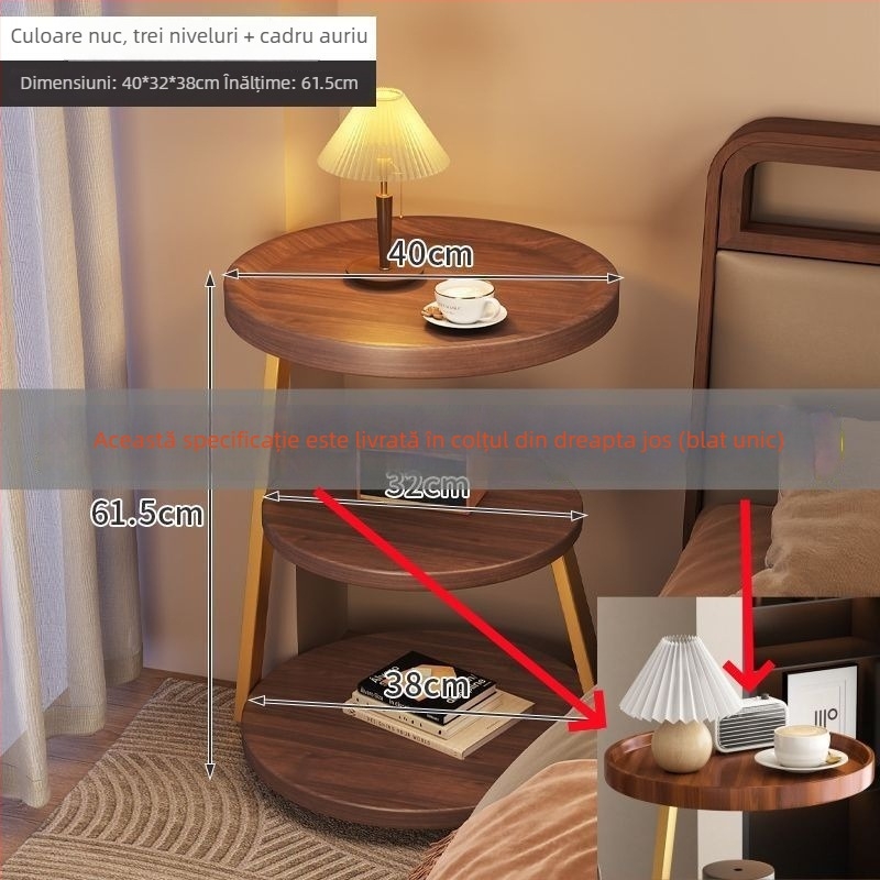 Masă rotundă de colț în stil antic, cu depozitare pe mai multe niveluri — măsuță lângă canapea și masă de cafea