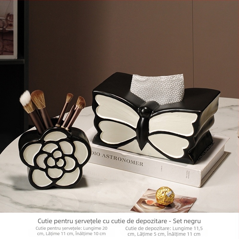 Cutie pentru șervețele cu fluture și suport pentru pensule de machiaj, decor ceramic pentru birou în stil franțuz retro