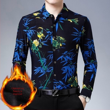 Cămașă termică pentru bărbați, iarnă, căptușită cu fleece, imprimeu, stil business casual, croială lejeră, guler înalt, mâneci lungi, fără călcare