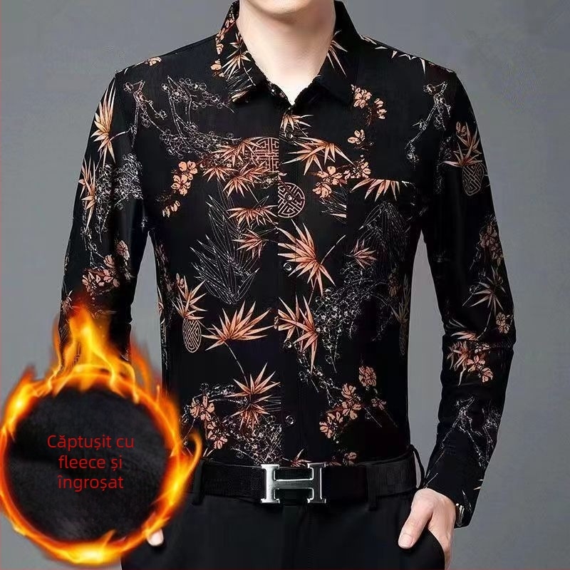 Cămașă termică pentru bărbați, iarnă, căptușită cu fleece, imprimeu, stil business casual, croială lejeră, guler înalt, mâneci lungi, fără călcare