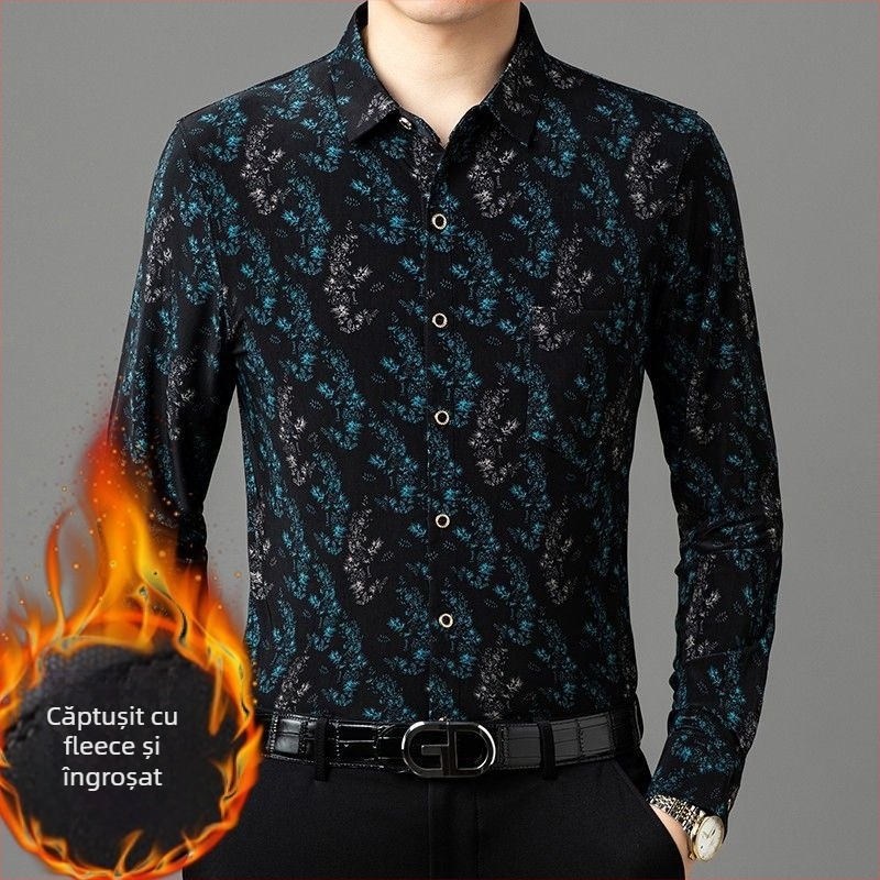Cămașă termică pentru bărbați, iarnă, căptușită cu fleece, imprimeu, stil business casual, croială lejeră, guler înalt, mâneci lungi, fără călcare
