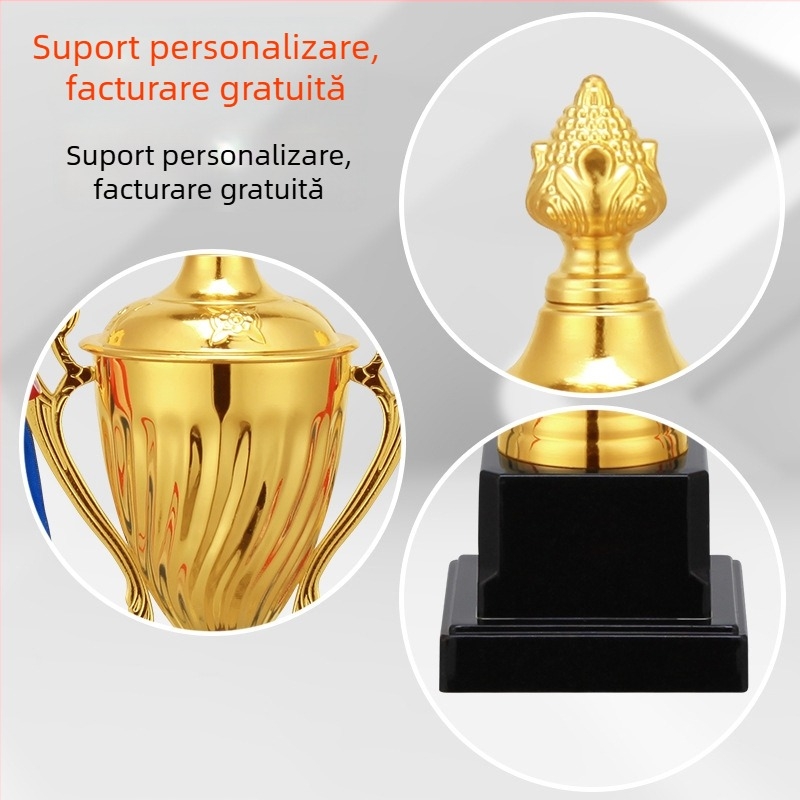 Trofee metalice personalizate pentru fotbal, baschet, dans, competiții școlare și evenimente la grădiniță, cu gravură de înaltă calitate