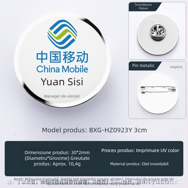 Insignă rotundă din oțel inoxidabil, cu ac, logo metalic cu nume, badge de identificare pentru angajat, personalizabil