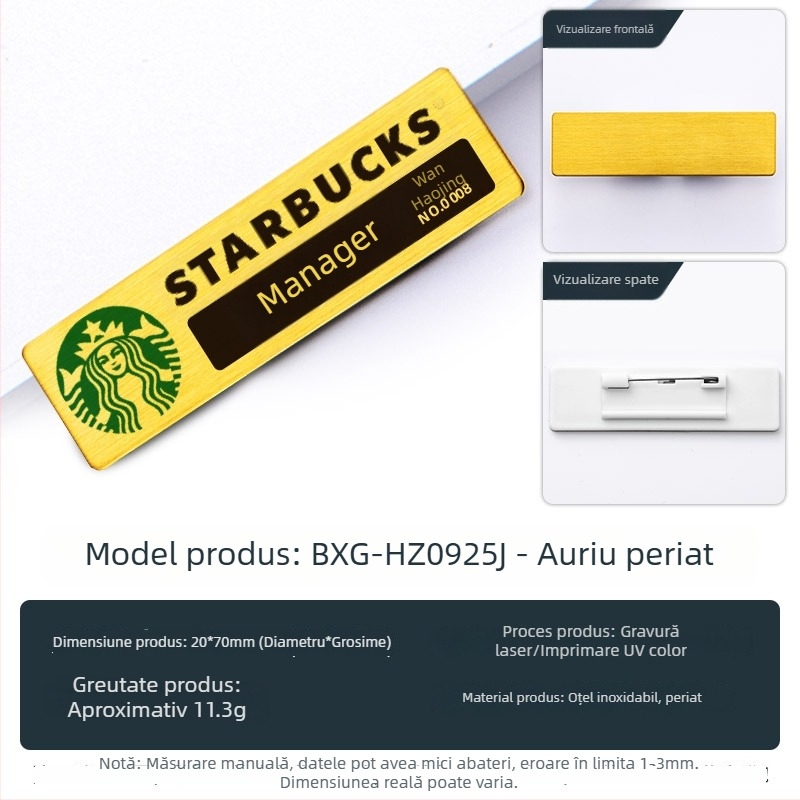Insignă rotundă din oțel inoxidabil, cu ac, logo metalic cu nume, badge de identificare pentru angajat, personalizabil
