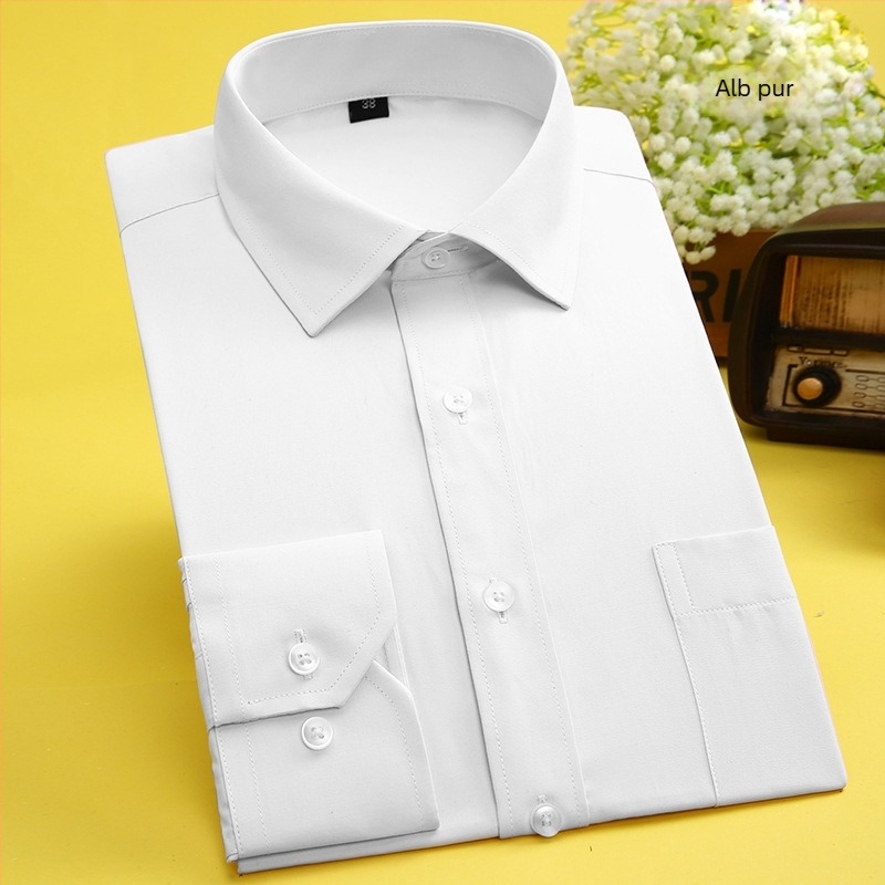 Cămașă pentru bărbați, croială slim-fit, stil coreean, din amestec de bumbac, alb, mâneci lungi, cămașă de afaceri