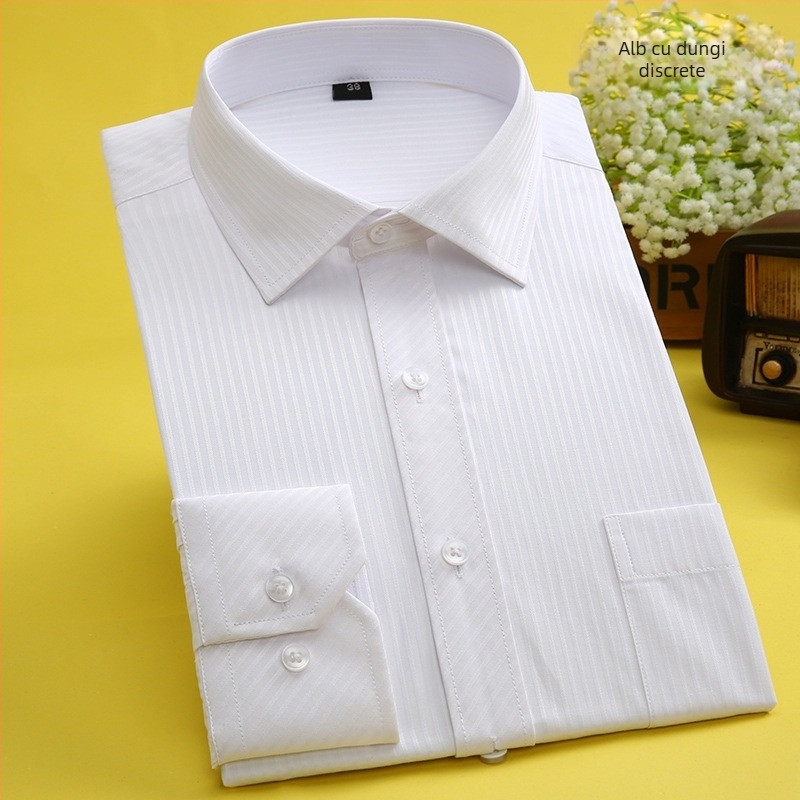 Cămașă pentru bărbați, croială slim-fit, stil coreean, din amestec de bumbac, alb, mâneci lungi, cămașă de afaceri