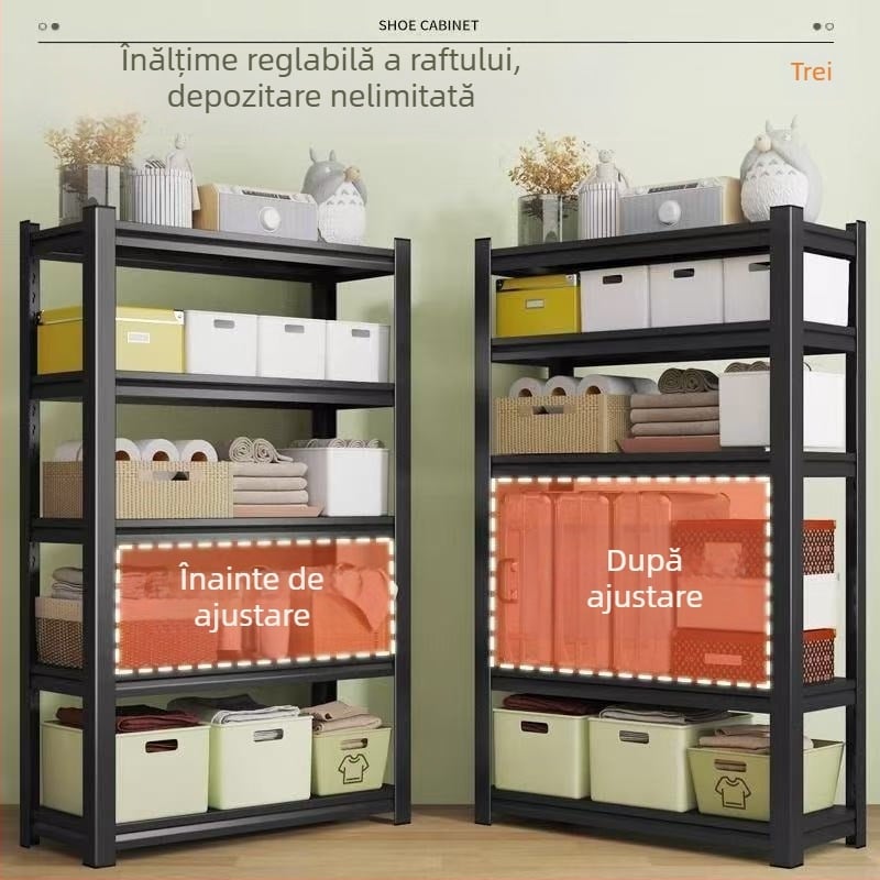 Rafturi de depozitare pentru uz casnic, cu mai multe niveluri, sistem integrat perete şi podea, din oțel