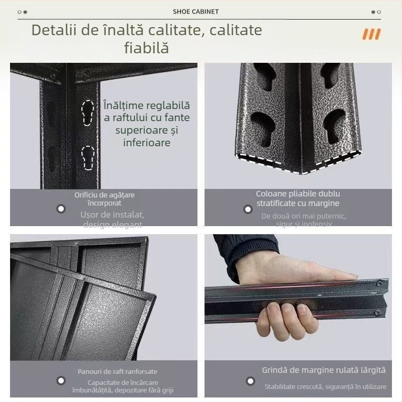 Rafturi de depozitare pentru uz casnic, cu mai multe niveluri, sistem integrat perete şi podea, din oțel