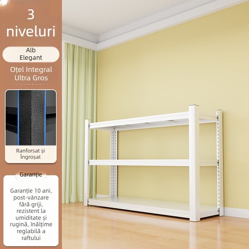Rafturi de depozitare pentru uz casnic, cu mai multe niveluri, sistem integrat perete şi podea, din oțel