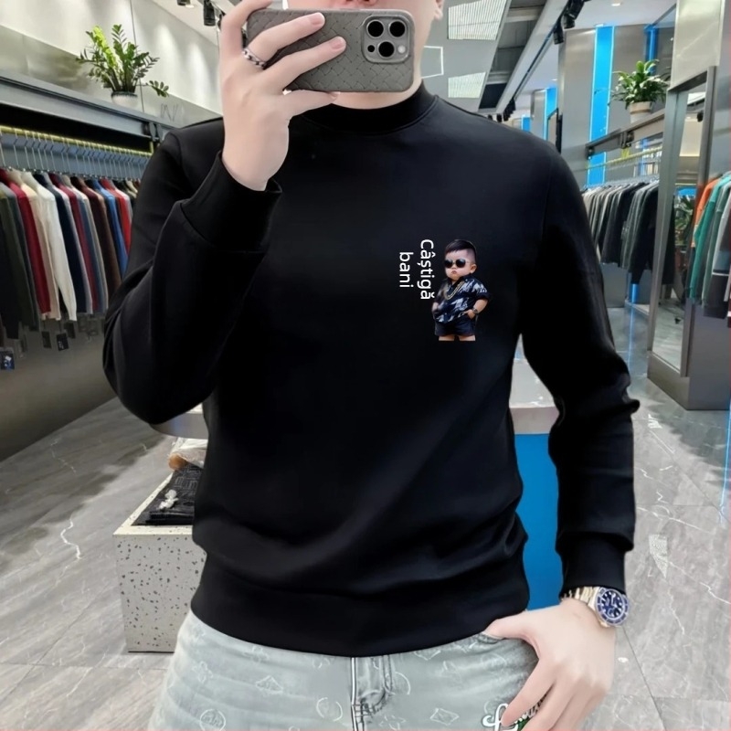 Pulover bărbătesc din fleece, croială slim, guler rotund, mâneci lungi, fără glugă, imprimeu cu litere, material greu, pentru toamnă-iarnă.