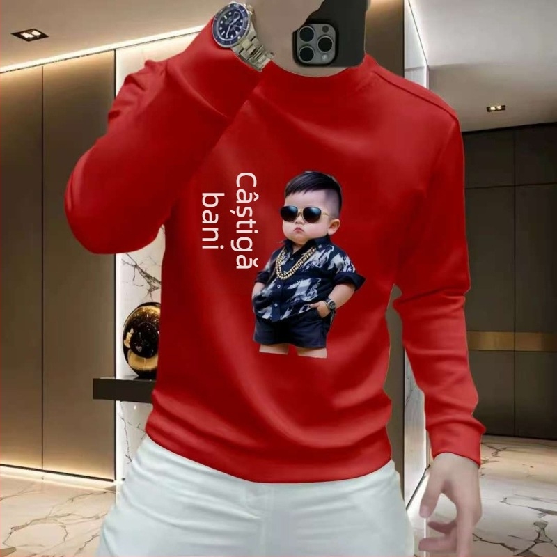Pulover bărbătesc din fleece, croială slim, guler rotund, mâneci lungi, fără glugă, imprimeu cu litere, material greu, pentru toamnă-iarnă.