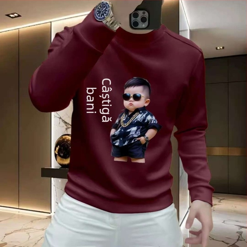 Pulover bărbătesc din fleece, croială slim, guler rotund, mâneci lungi, fără glugă, imprimeu cu litere, material greu, pentru toamnă-iarnă.