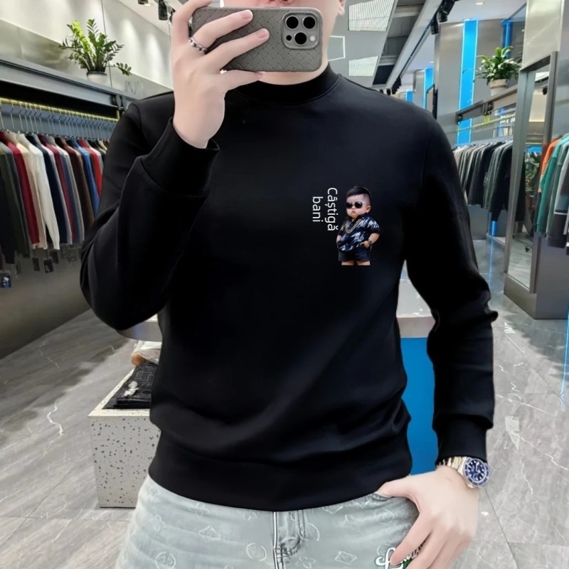 Pulover bărbătesc din fleece, croială slim, guler rotund, mâneci lungi, fără glugă, imprimeu cu litere, material greu, pentru toamnă-iarnă.