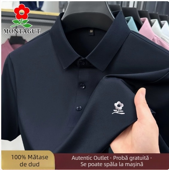 Tricou polo pentru bărbați, 100% mătase de dud, țesătură ice silk, subțire, mânecă scurtă, mărime mare