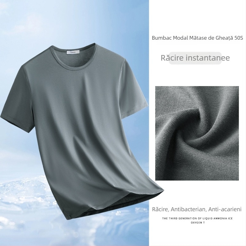 Tricou bărbați din modal și bumbac, culoare solidă, mâneci scurte, albastru, guler rotund, plăcut la atingere, strat de bază