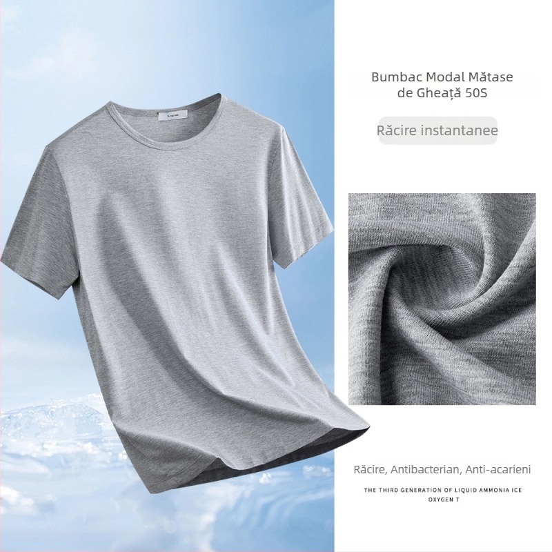 Tricou bărbați din modal și bumbac, culoare solidă, mâneci scurte, albastru, guler rotund, plăcut la atingere, strat de bază