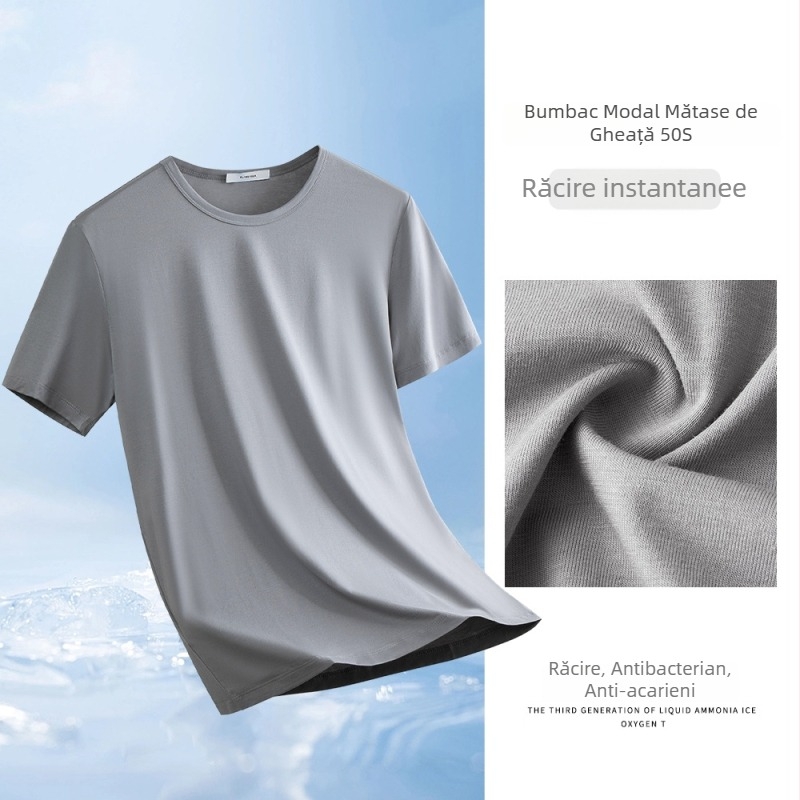 Tricou bărbați din modal și bumbac, culoare solidă, mâneci scurte, albastru, guler rotund, plăcut la atingere, strat de bază