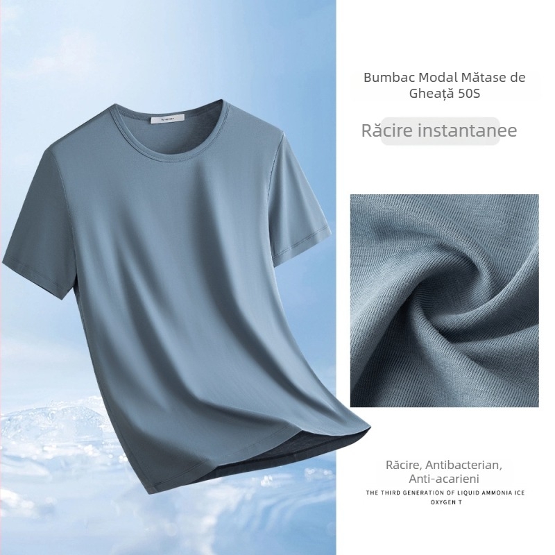 Tricou bărbați din modal și bumbac, culoare solidă, mâneci scurte, albastru, guler rotund, plăcut la atingere, strat de bază