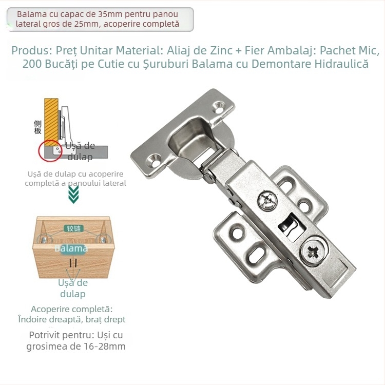Balamale hidraulice pentru uși de dulap, 35mm, cu acoperire completă, pentru grosimi panou 25–30mm, aliaj de zinc