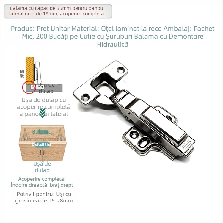 Balamale hidraulice pentru uși de dulap, 35mm, cu acoperire completă, pentru grosimi panou 25–30mm, aliaj de zinc