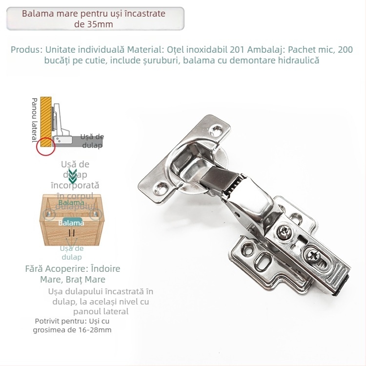 Balamale hidraulice pentru uși de dulap, 35mm, cu acoperire completă, pentru grosimi panou 25–30mm, aliaj de zinc