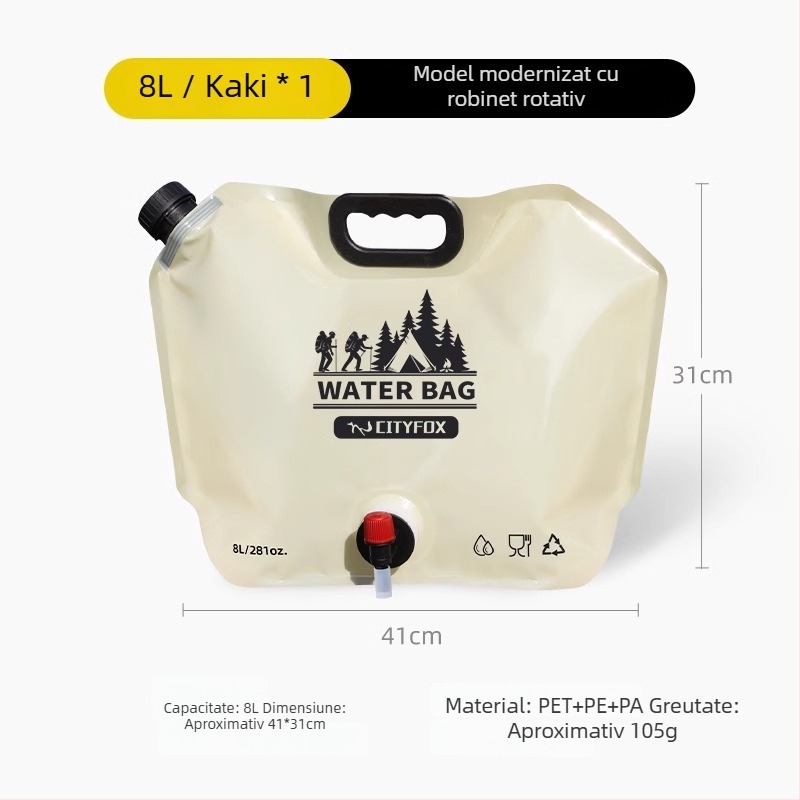 Sac de apă pliabil pentru exterior, 8 L capacitate, rezervor de apă moale pentru camping