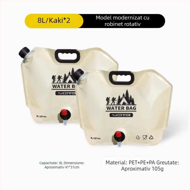 Sac de apă pliabil pentru exterior, 8 L capacitate, rezervor de apă moale pentru camping