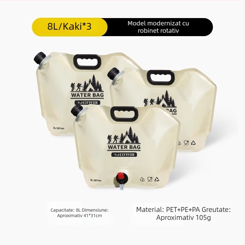 Sac de apă pliabil pentru exterior, 8 L capacitate, rezervor de apă moale pentru camping