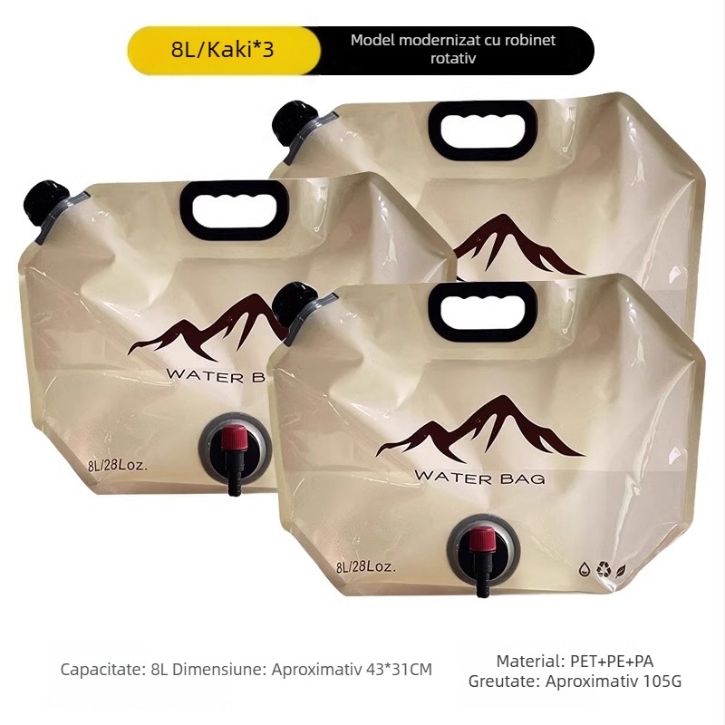 Sac de apă pliabil pentru exterior, 8 L capacitate, rezervor de apă moale pentru camping