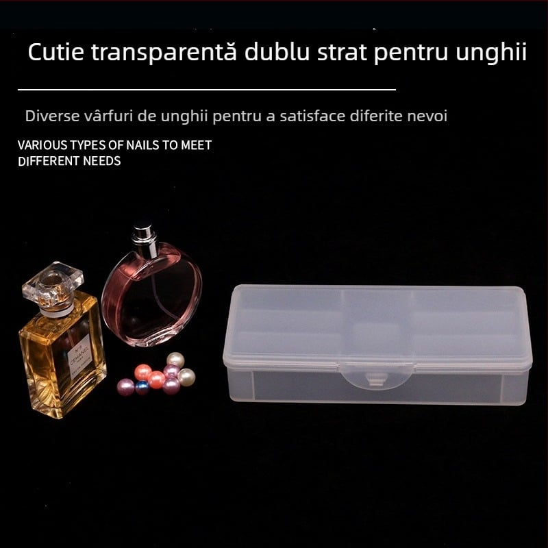 Cutie transparentă cu două niveluri pentru depozitarea accesoriilor și uneltelor de manichiură, cu compartimente detașabile