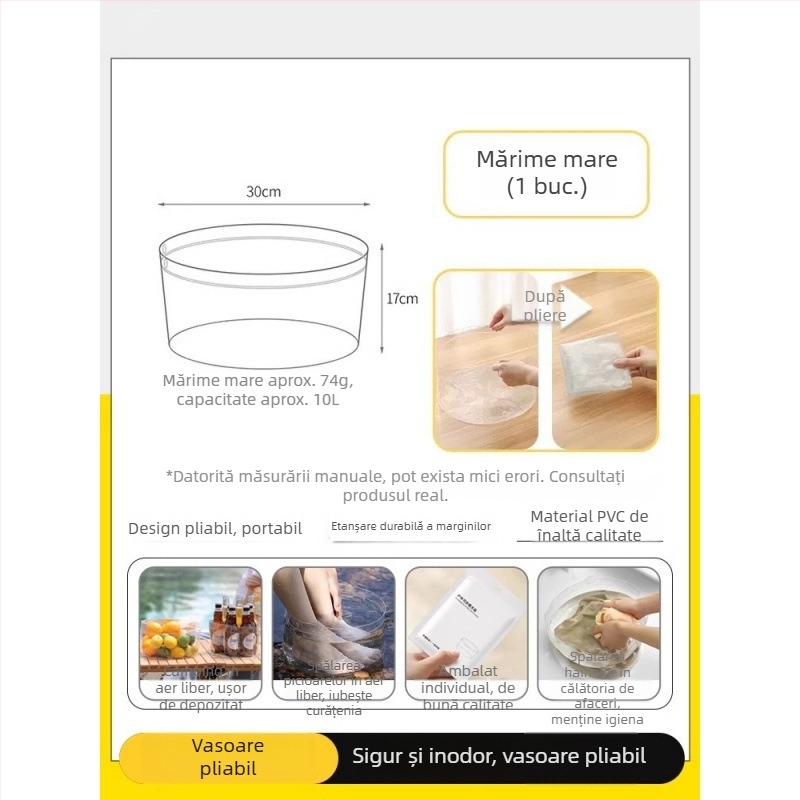 Vas pliabil de unică folosință pentru călătorii: chiuvetă portabilă pentru rufe și față, găleată de apă, pungă de spălat și lighean pentru înmuierea picioarelor