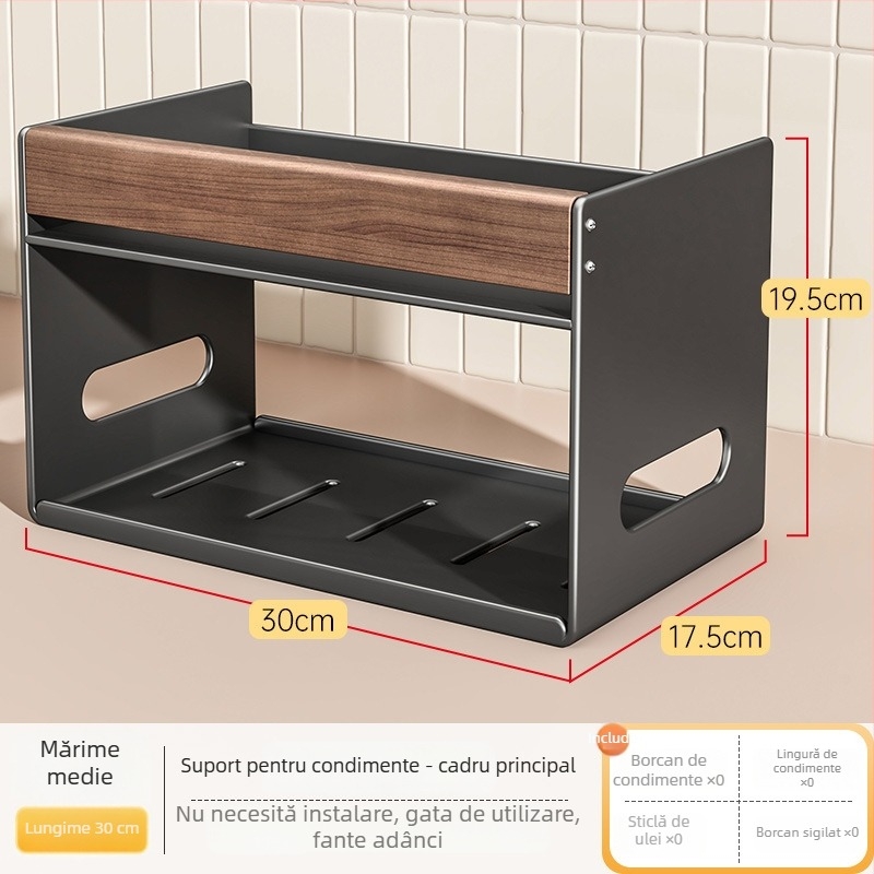 Raft de depozitare pentru condimente, pe blat, la colț – borcane de sare, sticle de ulei, sos și oțet, cu capace