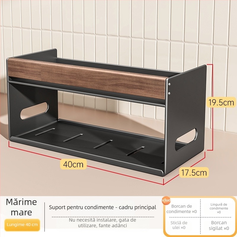 Raft de depozitare pentru condimente, pe blat, la colț – borcane de sare, sticle de ulei, sos și oțet, cu capace