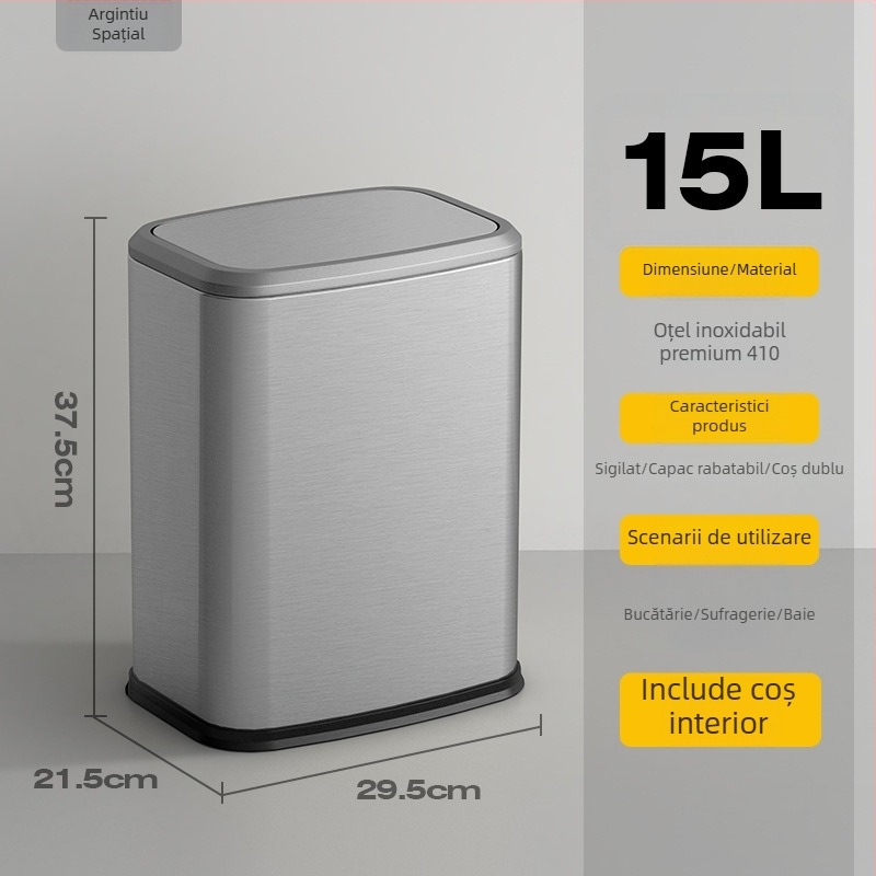 Coș de gunoi din oțel inoxidabil cu capac basculant pentru birou, hotel, sufragerie, bucătărie și baie – 10 L