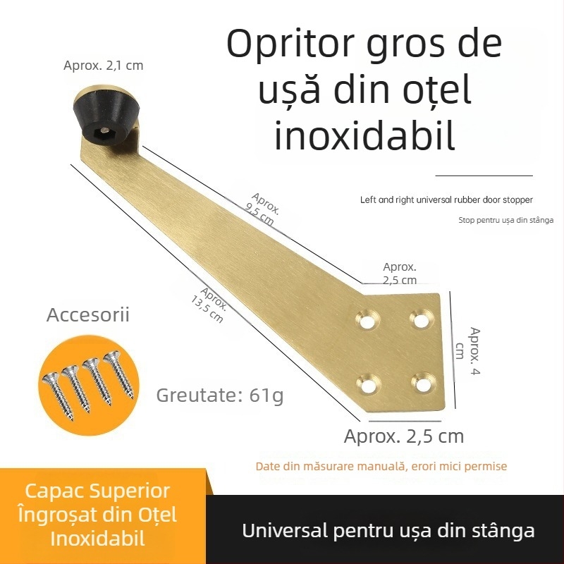Stopper de ușă 90° pentru ușile de baie, montaj pe podea, oțel inoxidabil și plastic, model pentru ușă stânga/dreapta, stil modern minimalist