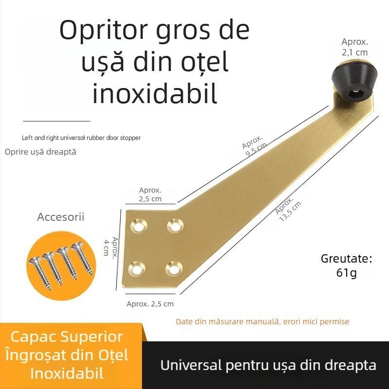 Stopper de ușă 90° pentru ușile de baie, montaj pe podea, oțel inoxidabil și plastic, model pentru ușă stânga/dreapta, stil modern minimalist