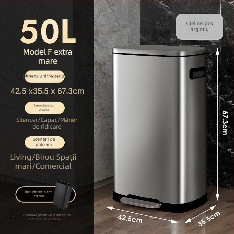 Coș de gunoi din oțel inoxidabil, cu pedale, capac mare, pentru bucătărie și birou