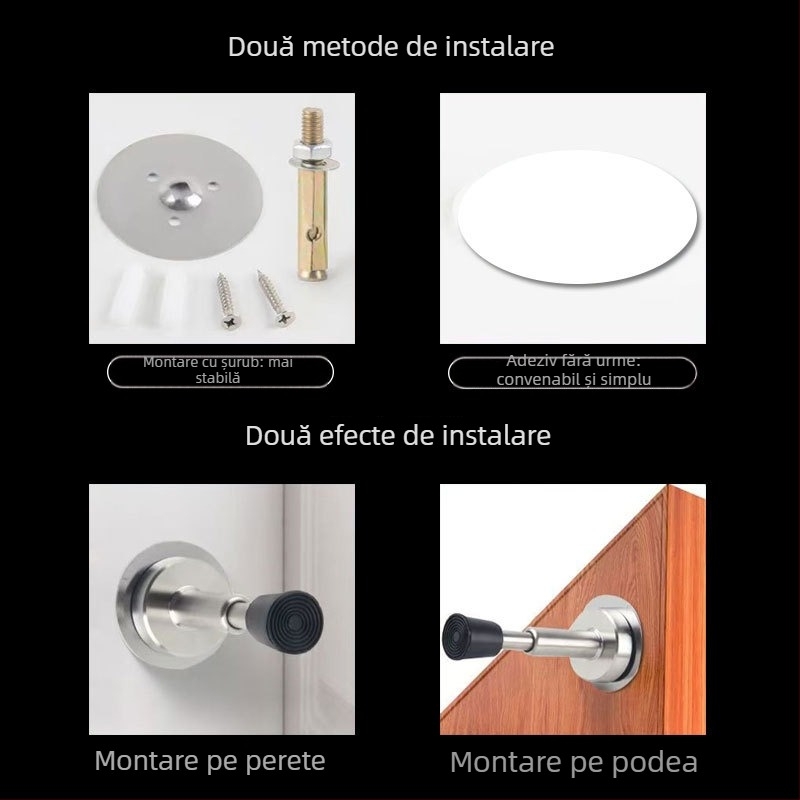 Nou opritor hidraulic pentru uși, montaj fără găuri, telescopic, anti-coliziune, partea superioară din oțel inoxidabil, cauciuc, opritor silențios pentru uși din sticlă
