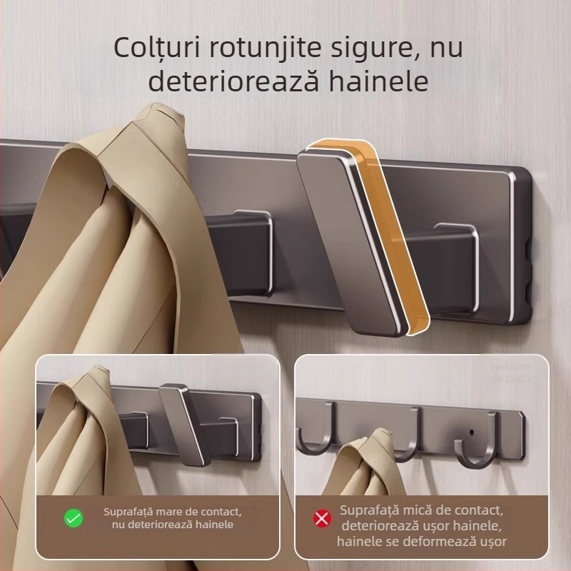 Cuier adeziv puternic, fără găuri, pentru bucătărie și baie, suport pentru haine, aluminiu Space, design cu 3+ cârlige, încărcătură 3–5 kg
