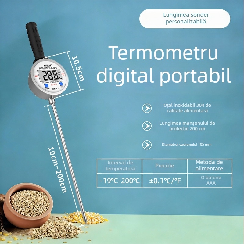 Termometru portabil industrial de înaltă temperatură, cu sondă din oțel inoxidabil, afișaj digital, senzor bimetalic